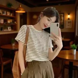 엔비몬 여성 반팔 티셔츠 여자 여름 루즈핏 단가라 라운드넥 반팔티