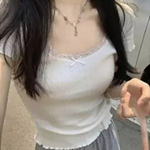 러블리 포인트 레이스 슬림핏 반팔 티셔츠 여성티셔츠 데일리티셔츠 여름티셔츠 패션상의 여자상의