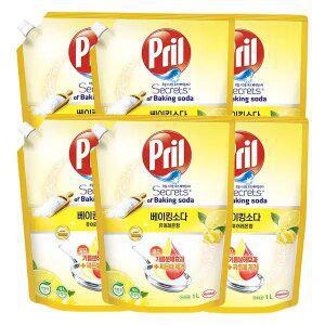 프릴 고농축 주방세제 베이킹소다 리필 레몬, 1L, 6개