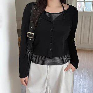 [제작/빅사이즈]이블렛 드에프 스트라이프 배색 레이어드 가디건 티셔츠 제이스타일