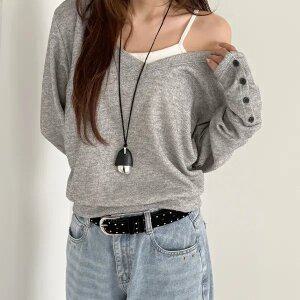 [제작/빅사이즈]이블렛 로넨프 루즈핏 소매 버튼 오프숄더 맨투맨 제이스타일