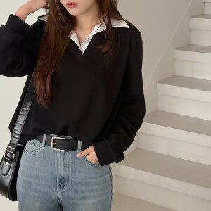 [빅사이즈]이블렛 데노티 배색 카라 맨투맨 제이스타일