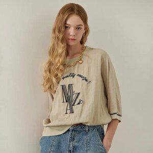 [MAXZA] 레터링 자수 린넨라이크 루즈핏 우븐 티셔츠