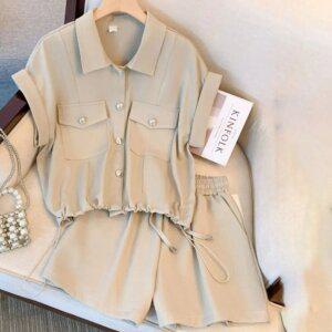 여성용 여름용 반팔 셔츠 반바지 세트 루즈핏 캐주얼 투피스 복부커버 코디