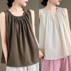 1+1 여름용 여성용 민소매 루즈핏 나시 탑 플리츠 조끼 스타일 레이어드룩 복고풍 캐주