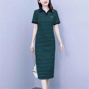 여성용 여름 시즌 스트라이프 POLO 롱 원피스