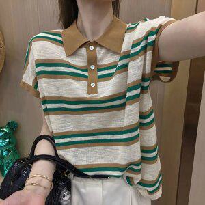 여름 여성 아이스실크 반팔 스트라이프 배색 폴로셔츠 빅사이즈 루즈핏 슬림핏 티셔츠