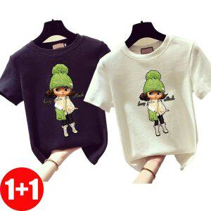 1+1여성 루즈핏 캐릭터 프린트 반팔 티셔츠 여름 면티 캐주얼 학생 스타일