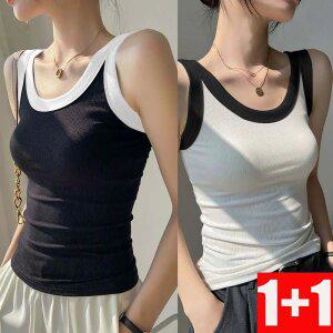 1+1 여성용 여름 배색 끈 나시 민소매 티셔츠 베이직 슬리브리스 이너탑 레이어드용