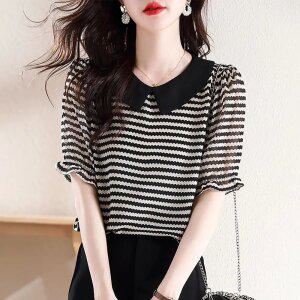 여성용 여름 반팔 쉬폰 블라우스 카라넥 스트라이프 우아한 상의