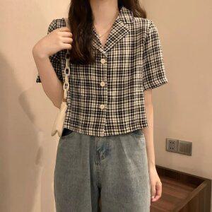 여성 체크 반팔 블라우스 빈티지 레트로 감성 캐주얼 셔츠 여름 코디 패션 데일리룩