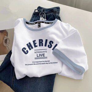 여름 레터링 배색 반팔 티셔츠 여성 캐주얼 루즈핏 반팔 상의