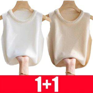 1+1 여성 여름 민소매 니트탑 진주장식 라운드넥 슬리브리스 니트 티셔츠