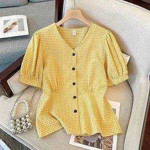 여성용 여름용 체크 린넨 반팔 블라우스 빅사이즈 슬림핏 허리라인 커버업