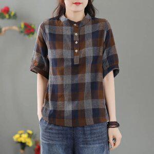 여성용 여름용 빅사이즈 체크 린넨 블라우스 스타일 반팔 셔츠형 라운드넥 캐주얼 상의