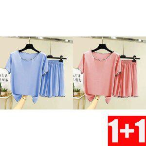 1+1 여성 빅사이즈 아이스 실크 반팔 파자마 세트 여름 홈웨어 편한 잠옷