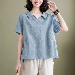중년 여성 여름 반팔 린넨 면혼방 카라넥 루즈핏 데일리 상의
