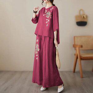 여성 여름 린넨 자수 투피스 복고풍 반팔 상하의 세트 통바지 시원한 얇은 소재 체형커