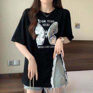 빅사이즈 여성 반팔 롱 티셔츠 루즈핏 달콤한 스타일 나비 프린트 언밸런스 디자인