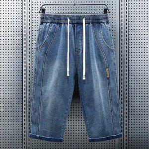 남성용 여름용 데님 7부 반바지 밴딩 허리 스트링 디자인 편안한 캐주얼 청바지 스타일