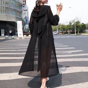 여성 여름 비치웨어 후드 롱 가디건 자외선 차단 얇은 루즈핏 바람막이