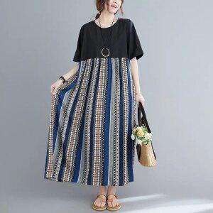 2025 여름 신상 문예 빅 사이즈 와이드 접합 면마 프린트 반팔 원피스 여성복