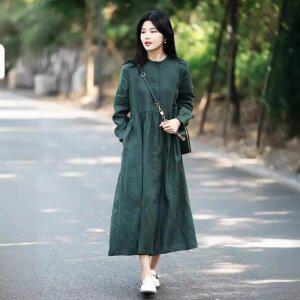 여성 녹색 빅사이즈 긴팔 원피스 면마 롱 원피스