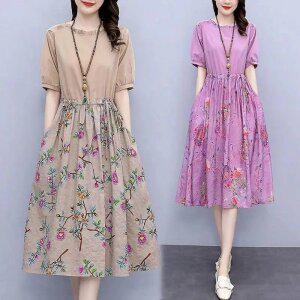 여성 여름 고급 빅사이즈 면 마 슬림 5부 반팔 라운드넥 하이웨스트 a라인 플라워 꽃무