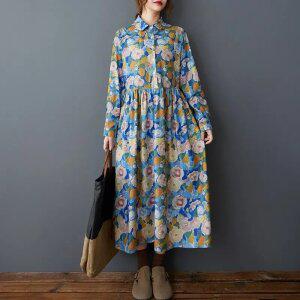 박시한 플라워 코듀로이 빅 사이즈 슬림핏 미디 원피스