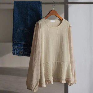 (안나앤플러스) 배색 페플럼 블라우스티[티셔츠EC334] 빅사이즈