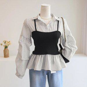 [잇수다] 달론 골지 뷔스티에 레이어드 셔링 스트라이프 카라 셔츠