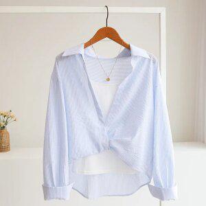 [잇수다] (SET) 몽스 언발 꼬임 스트라이프 카라 셔츠 + 이너 나시 세트