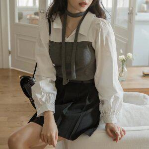 [하객룩/여리핏] 배색 골지 오픈카라 퍼프 블라우스