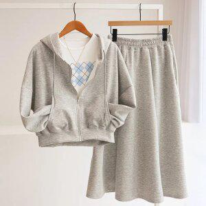 [잇수다] (SET) 젤비카 루즈핏 후드 집업 + 밴딩 롱 스커트 투피스 세트