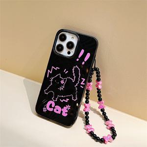 최신 귀여운 아이폰 케이스 핑크 고양이 스트랩 TPU / 핸드폰 11 12 13 14 15 16 프로