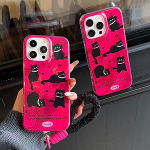 최신 귀여운 아이폰 케이스 블랙 고양이 꼬리 스트랩 / 핸드폰케이스 16 15 14 13 프로