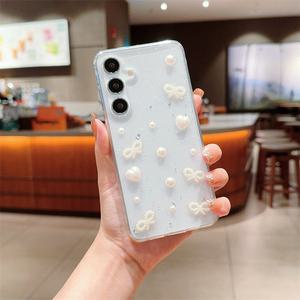 최신 귀여운 갤럭시 케이스 진주 리본 레진 / 핸드폰케이스 S25 S24 S23 플러스 울트라