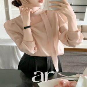 (하객룩) 퍼프소매 타이블라우스 여리핏 쉬폰블라우스 출근 오피스 데이트룩 bs8714
