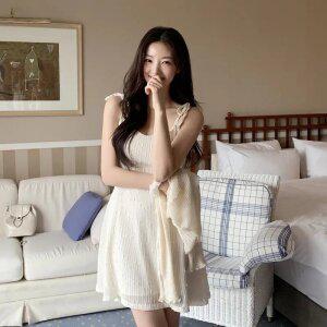 (미니롱/여행룩/여리핏) 블랑쉬 2기장 레이스 쉬폰 리본 나시 원피스 op15707