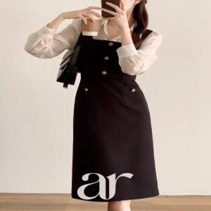 (MADE/브랜드퀄리티/미니롱/격식룩) 오네드 단추 블라우스 배색 뷔스티에 2기장 원피스