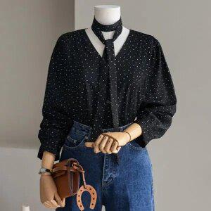 (안나앤플러스) 글린 도트 타이 블라우스[셔츠ED24] 빅사이즈