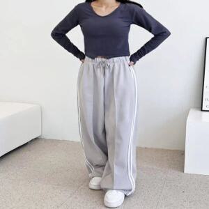 J2K 여자 트레이닝 두줄 트랙 와이드 팬츠 커플 밴딩 바지 루즈핏