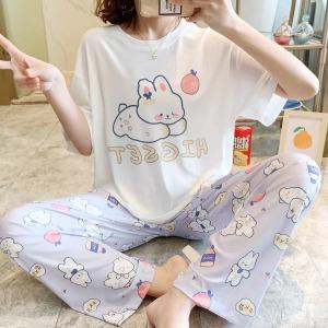 쉬블림로브 (반팔+긴바지) 여성 토끼 캐릭터 패턴 꿀잠 홈웨어 파자마 잠옷 세트 GWD0