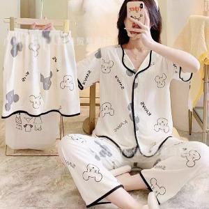 쉬블림로브 3피스(반팔+반바지+긴바지) 여성 곰 패턴 홈웨어 파자마 잠옷 세트 GWD024