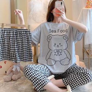 쉬블림로브 3피스(반팔+반바지+긴바지) 여성 캐릭터 체크 홈웨어 파자마 잠옷 세트 GW