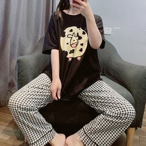 쉬블림로브 (반팔+긴바지) 여성 체크 젖소 카우 캐릭터 꿀잠 홈웨어 파자마 잠옷 세트
