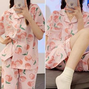 쉬블림로브 3피스(반팔+반바지+긴바지) 여성 홈웨어 복숭아 잠옷 세트 GGWD0417