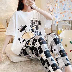 쉬블림로브 (반팔+긴바지) 여성 젖소 카우 캐릭터 꿀잠 홈웨어 파자마 잠옷 세트 GWD0