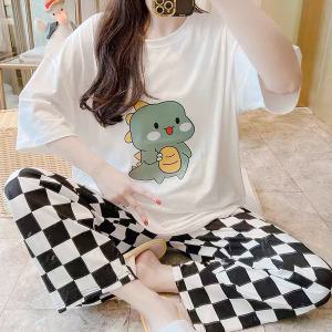쉬블림로브 (반팔+긴바지) 여성 공룡 캐릭터 체크 꿀잠 홈웨어 파자마 잠옷 세트 GWD0