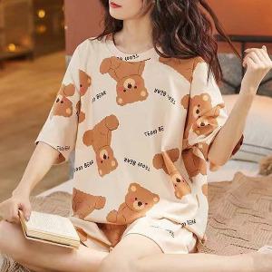 쉬블림로브 (반팔+반바지) 여성 홈웨어 곰 캐릭터 레터링 잠옷 세트 GGWD0222